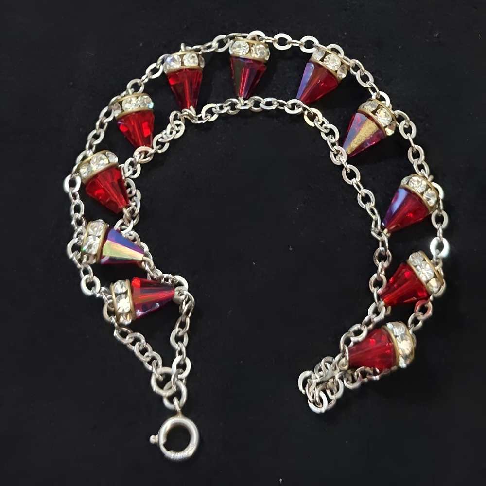Vintage Sterling Silver RARE Red Siam Aurora Boreale Swarovski Crystal Bracelet - Picture 3 of 13